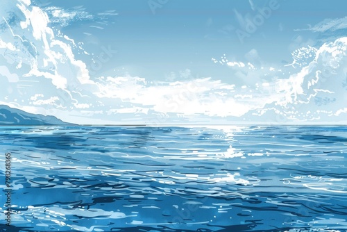 A serene painting of a blue ocean with a majestic mountain in the background. Suitable for travel and nature themes