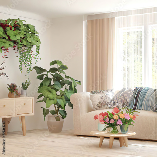 design of a modern bright room with many indoor plants, generated by Ai photo