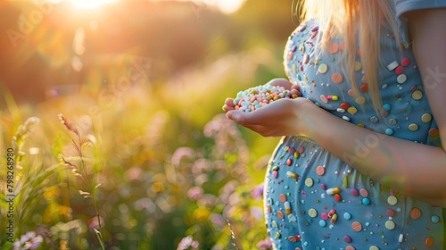 pregnant woman with pills in her hands. selective focus photo