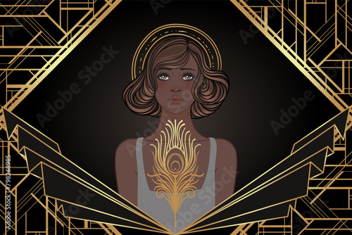 Retro fashion, glamour girl of twenties. African American woman. Vector illustration. Flapper 20s style. Vintage party invitation design template. Fancy black lady.