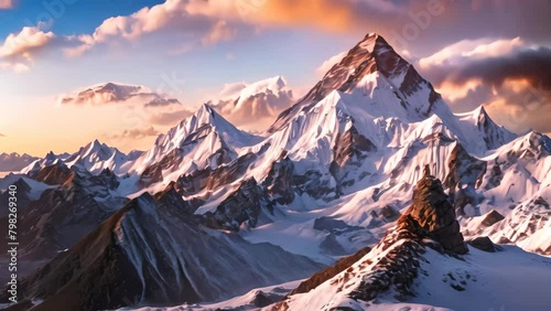 Majestic Snow Covered Mountain Beneath Vivid Sky, Twilight sky over Mount Everest, Nuptse, Lhotse, and Makalu in the Nepal Himalaya photo