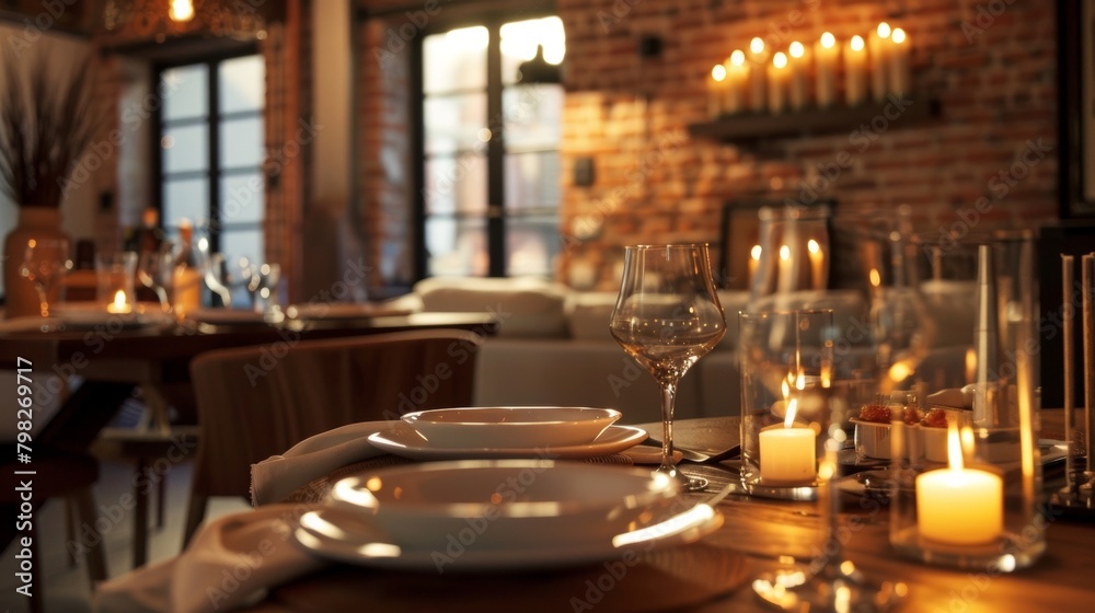 The warm glow of candlelight dances across the exposed brick walls adding a touch of rustic charm to the modern dining space. 2d flat cartoon.