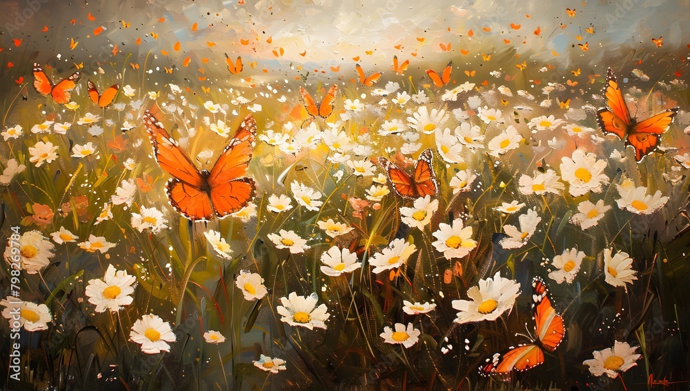 Colorful Butterflies Fluttering in a Flower Field Painting

