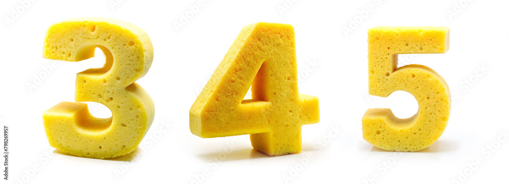 Numbers 3, 4, 5. Alphabet Made of Yellow Cleaning Sponge on White Background Numbers 3, 4, 5. Alphabet Made of Yellow Cleaning Sponge on White Background