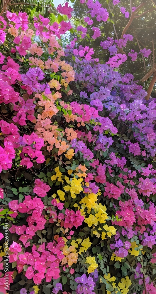 A large garden full of pink, purple and green bougainvillea