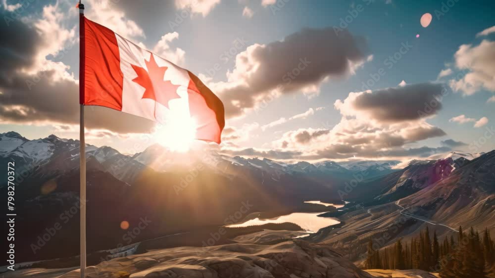 Canadian flag waving in the wind against a background of mountains and lake, Canada flag and beautiful Canadian landscapes