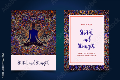 Stretch and Strength. Yoga card, flyer, poster, mat design. Colorful template for spiritual retreat or yoga studio. Ornamental business cards, oriental pattern. Vector illustration