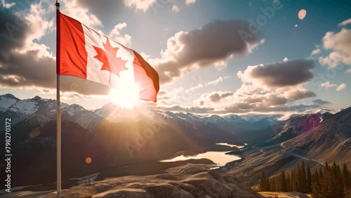 Canadian flag waving in the wind against a background of mountains and lake, Canada flag and beautiful Canadian landscapes photo