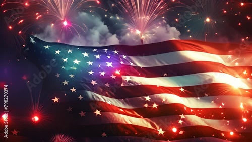 American flag with fireworks on the background of the american national flag, Celebratory fireworks against the background of the American flag on US Independence Day