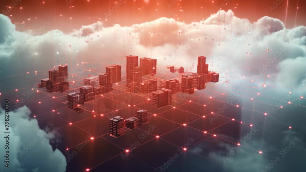 Conceptual Video of cloud computing with cityscape on the horizon, Datos en la nube y red, Concepto de ciencia y tecnologa