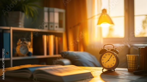 alarm clock on table in front lamp, window and bookshelf with books at sunset.