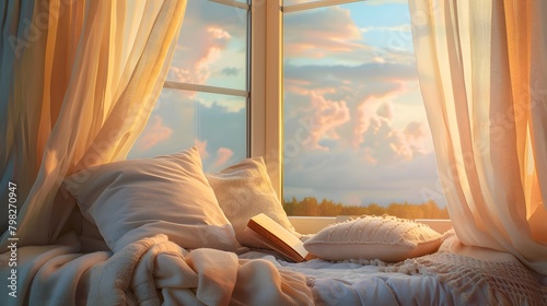 Against a backdrop of serene pastel skies, a cozy reading nook beckons with plush pillows and a soft throw blanket, the perfect setting to lose oneself in the pages of a beloved book photo