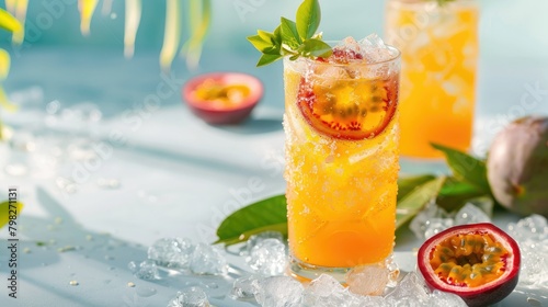 A refreshing passionfruit cocktail the perfect tropical sip for your summer soiree Served chilled with ice against a light backdrop this drink not only cools you down but also leaves room f photo