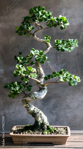 Bonsai Tree on Wooden Table Against Concrete Wall