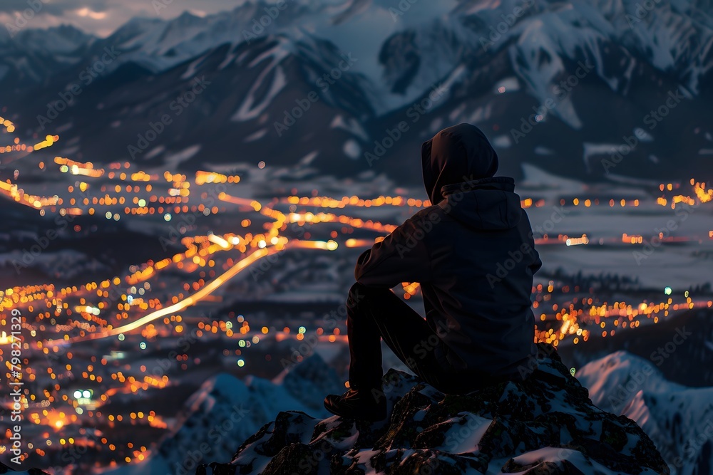 Man in Hoodie Sitting on Mountain Overlooking Night City Lights and Snow capped Mountains

