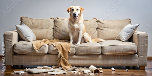Dog Making Mess in the House, Destroying Furniture and Objects photo
