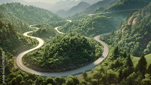 Winding road in the mountains, Chengde, Hebei Province, China, A bird's-eye view of a winding asphalt road through pine tree-covered mountains photo