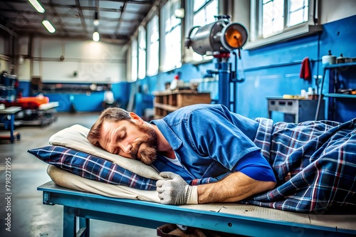 Mechanic Sleeping in a Workshop photo