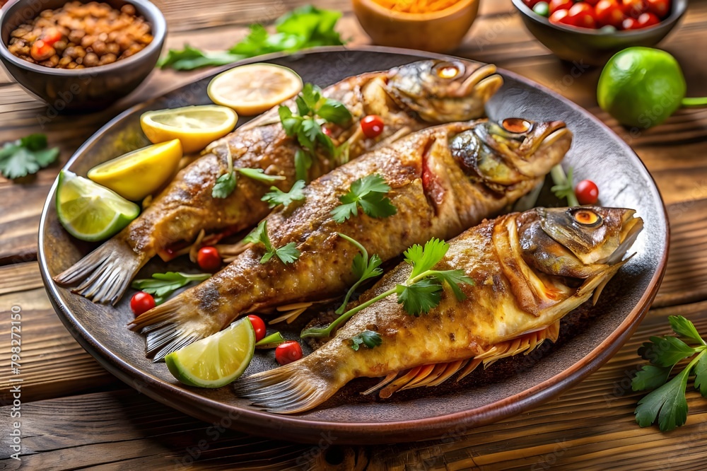 Fried Fish, Delicious Food on a Rich and Healthy Table