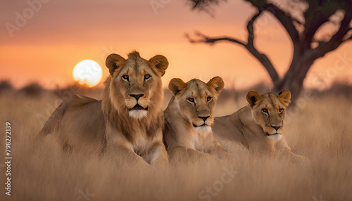 Lion Family Bonding  Serene Moment in the Savannah Generative AI