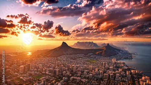 Aerial view of Table Mountain at sunset, Cape Town, South Africa, Aerial panoramic view of Cape Town cityscape at sunset photo