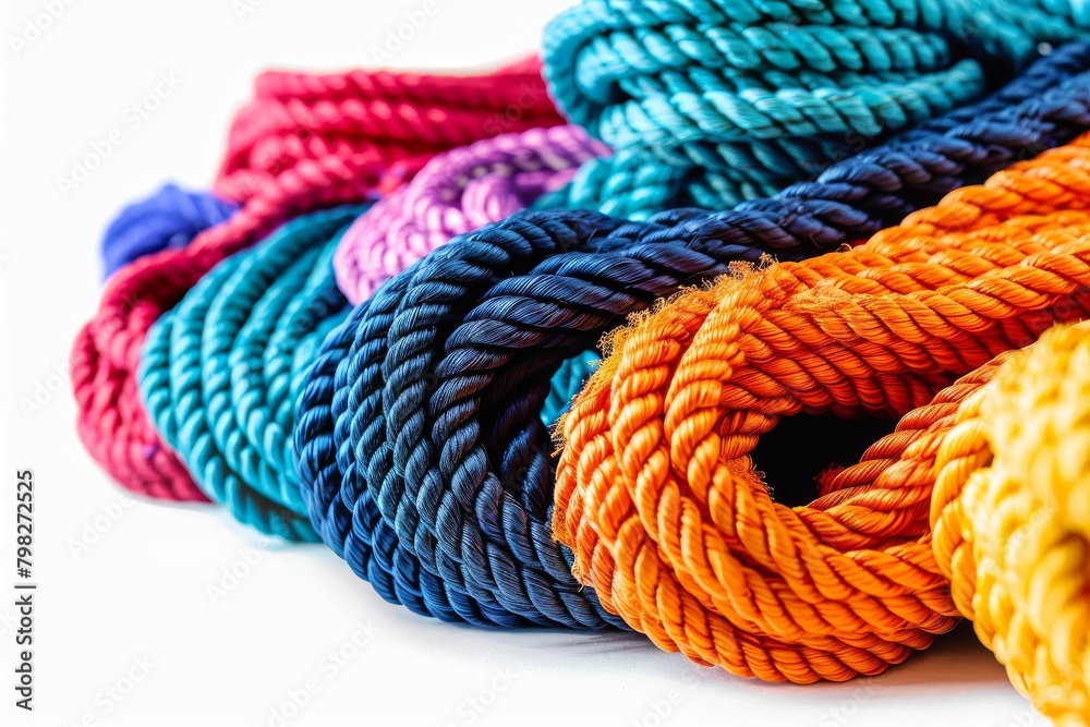 assorted nylon ropes in vibrant colors isolated on white product photography