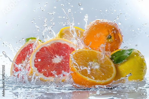 assorted fresh citrus fruits with water splash on white background healthy food photo