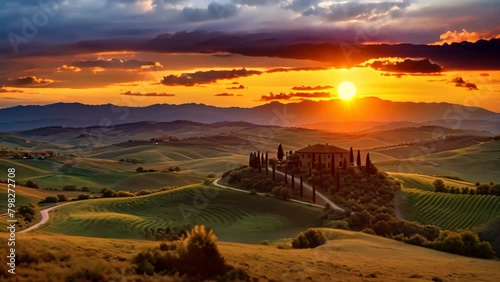 Tuscany landscape at sunset. Italy, Tuscany, Beautiful sunset over the rolling hills of Tuscany, Italy photo