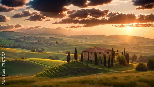 Tuscany landscape at sunset with cypresses and farmhouse, Beautiful sunset over the rolling hills of Tuscany, Italy photo
