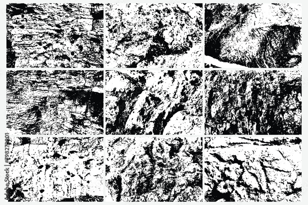 Rock or stones vector overlay texture background set. Black and white stone and rocks wall texture. Grunge trace of solid marble or mineral wall collection.