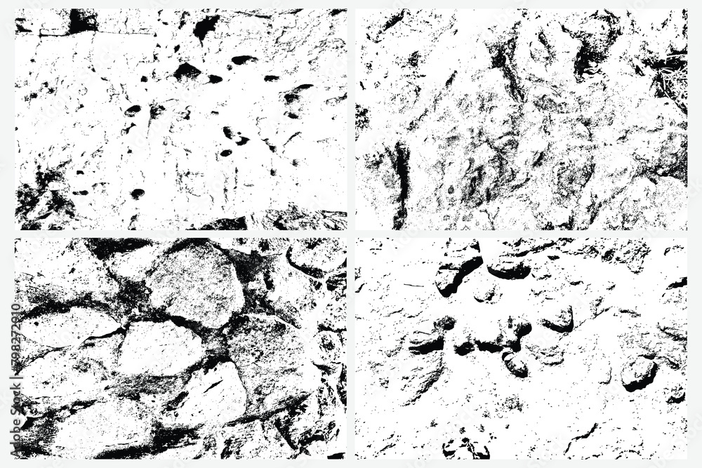 Set of vector overlay texture of stones and rocks. Grunge texture of different boulders collection. Cracked and damaged stones rubble.