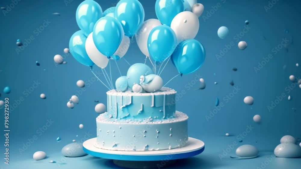 Blue birthday cake with balloons and confetti on blue background 3D ...