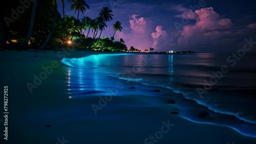 Beautiful night view of a tropical beach in the Maldives, Bioluminescence, Night beach scene in the Maldives with bioluminescent plankton illuminating the waterline
