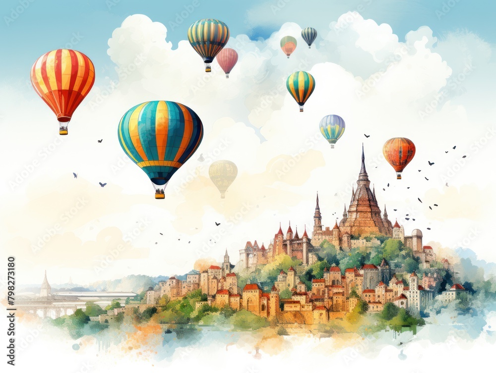 Fototapeta premium Hot air balloons of different shapes and sizes fly over the city and are colored red, yellow, blue, green and purple. The city has a castle structure and is surrounded by green trees. The sky is blue 