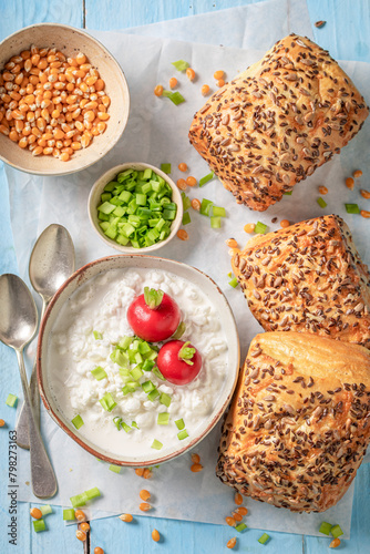 Spring and tasty corn bun with chive and cottage cheese.