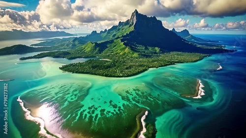 Aerial view of the island of Mauritius in the Indian Ocean, Bora Bora aerial view, Tahiti, French Polynesia photo
