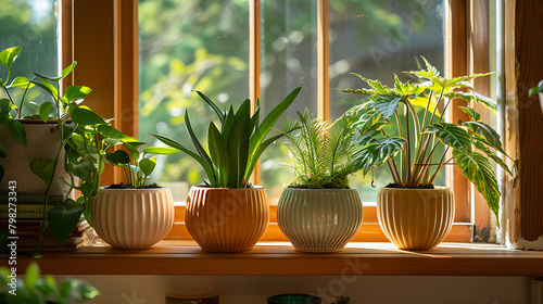 The scene features an indoor setting near a window, illuminated by natural light. A wooden shelf runs horizontally across the image, holding five potted plants