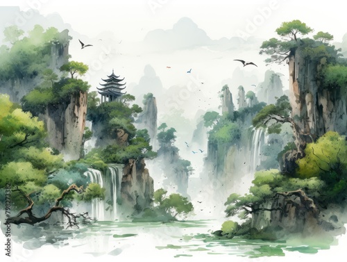 A digital painting of a landscape featuring a river, a waterfall, birds flying in the sky, and a temple on a cliff. The picture has a soft focus and a green tint.