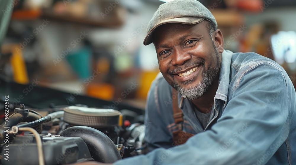 man working in auto repair shop and smiling.