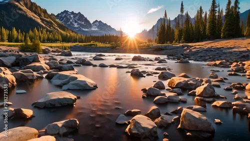 Sunset over the Bow River, Banff National Park, Canada, Clear river with rocks leading towards mountains lit by sunset photo
