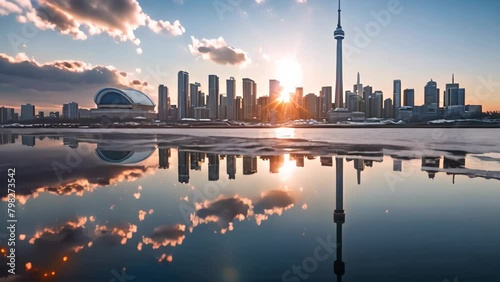 Shanghai skyline at sunset, China. Shanghai is the capital of China, CN Tower and Toronto Harbour reflection photo