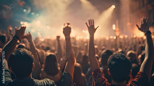 Crowd at concert with raised hands and bright stage lights in background, Crowd cheering at a live music concert and raising their hands photo