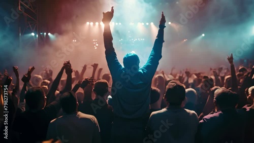 Crowd of people at a live music concert with raised hands, Crowd cheering at a live music concert and raising their hands photo