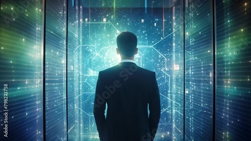 Back view of businessman looking at abstract business hologram on server room background. Technology concept. Double exposure, Data Privacy Protection Business Technology Privac photo