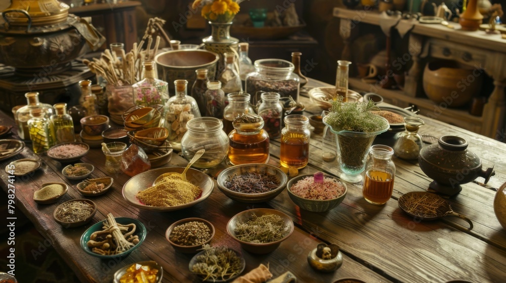 The table is cluttered with a mishmash of ingredients dried herbs animal bones and crystals all meticulously organized in small jars . .