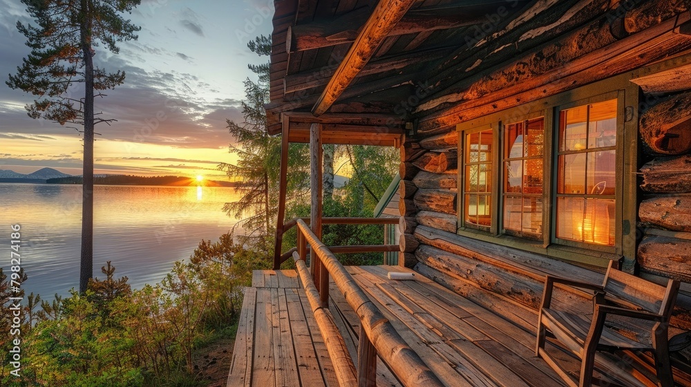 A log cabin with a wooden porch overlooking the lake at sunset, in a rustic charm style, with warm tones, cabincore, lakeside, at sunset, of log and wood.
