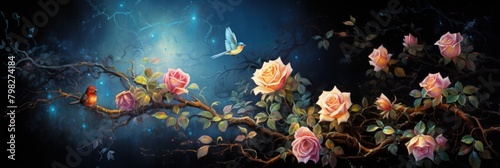 A vine with pink roses and a bird flying in the background against the blue night sky.