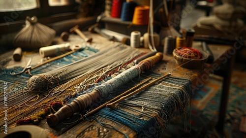 A detailed image of a handloom weaver's tools and materials, illustrating the traditional methods and techniques used in handloom weaving.