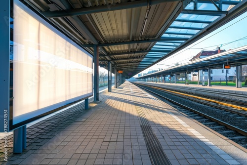 Modern Train Station Mockup, Urban Public Transportation Hub with Empty Ad Board, Copy Space