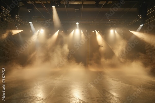 Concert Stage Illuminated by Spotlights in Fog, Empty Entertainment Venue Atmosphere © Funk Design